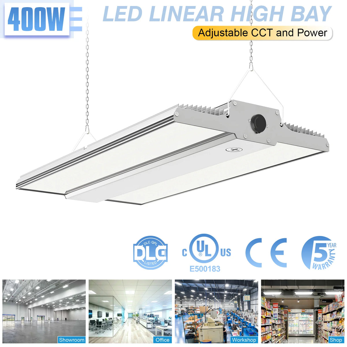 LG LED 400W LED Linear High Bay Light 4.5/5/5.7K High Bay LED Lights Selectable Features, 300W/240W/180W/120W, Commercial 120-277V, for Warehouse, Garage Factory, UL Listed, 5 Years Warranty