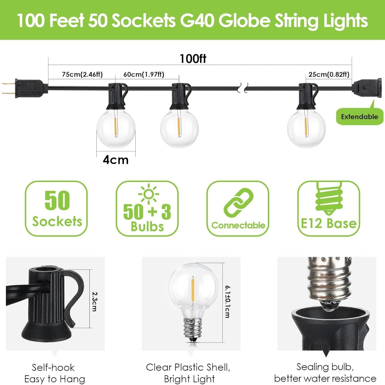 LG-Solar String Lights Outdoor Waterproof  Shatterproof Bulbs, 3 Modes, 8H Timeable, Dimmable, Outdoor Lights Solar Powered Patio Lights with Remote for Outside Porch Garden